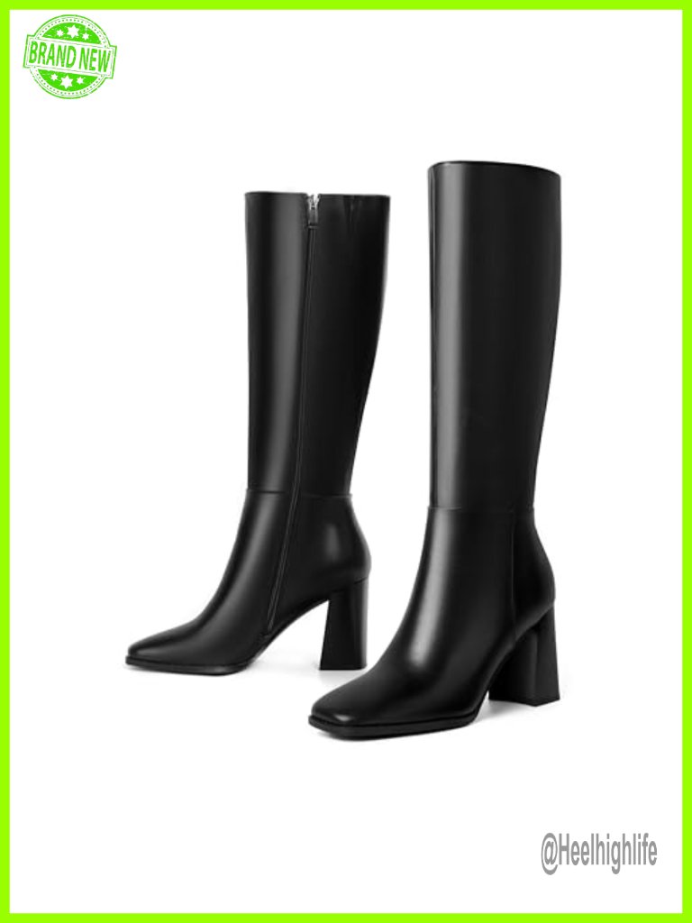 Knee High Boots Women Faux Leather Square Toe Chunky Block Heel Side Zipper